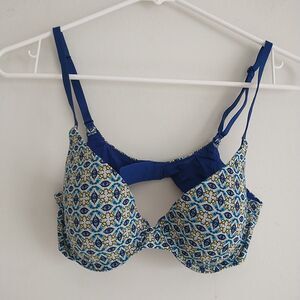 Victoria's Secret Uplift Semi Demi Bra 34B Blue Floral Geometric Logo Spell Out
